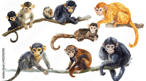 Monkeys animals set realistic watercolor painting Jungle wild animal Isolated on white background, Adorable animal zoo clipart