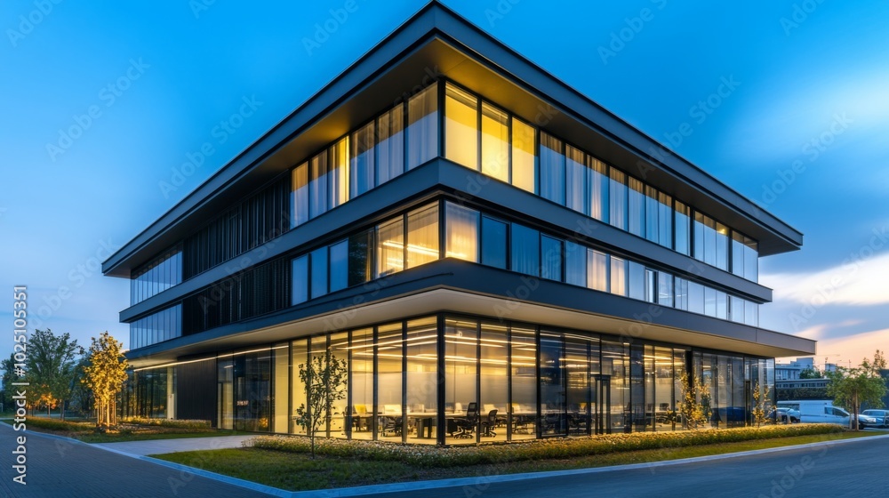 Modern Office Building Illuminated at Dusk Modern Office Building Illuminated at Dusk