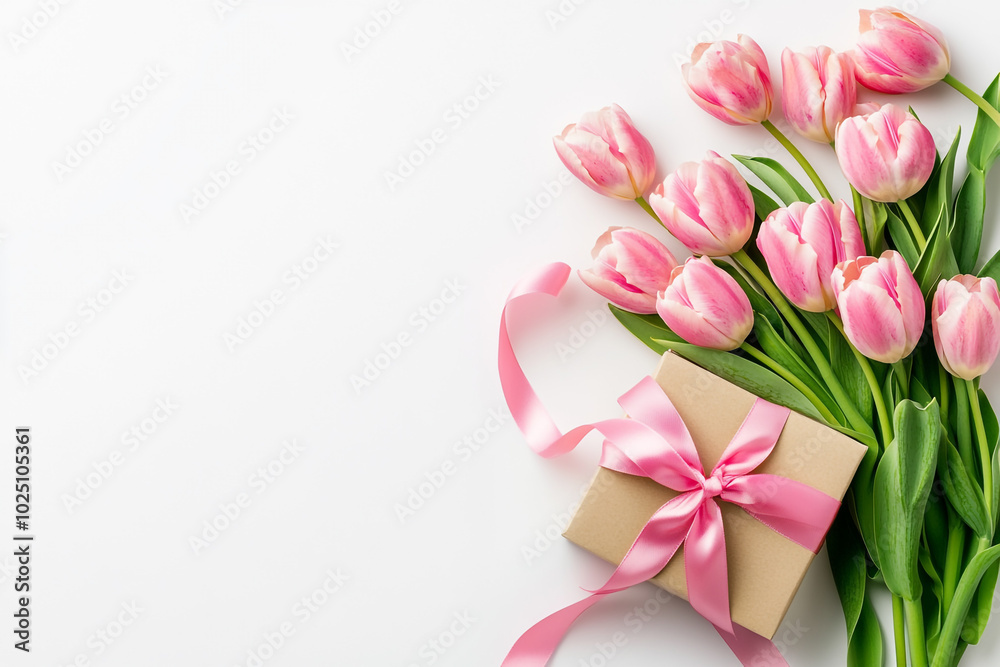 A bouquet of pink tulips with a ribbon and a gift box on a white background. Top view with copy space. A bouquet of pink tulips with a ribbon and a gift box on a white background. Top view with copy space.