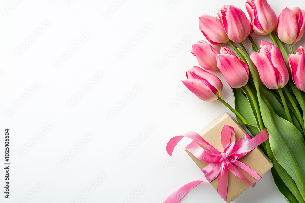 Fototapeta premium A bouquet of pink tulips with a ribbon and a gift box on a white background. Top view with copy space. 