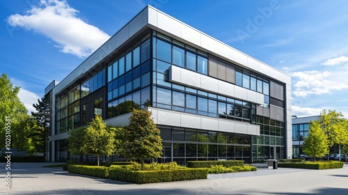 Modern Office Building with Large Glass Windows and Green Landscaping