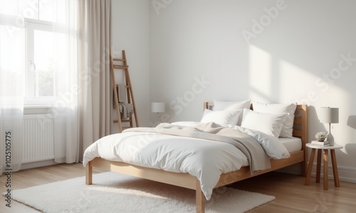 Bright bedroom with wooden furniture and natural decor elements.