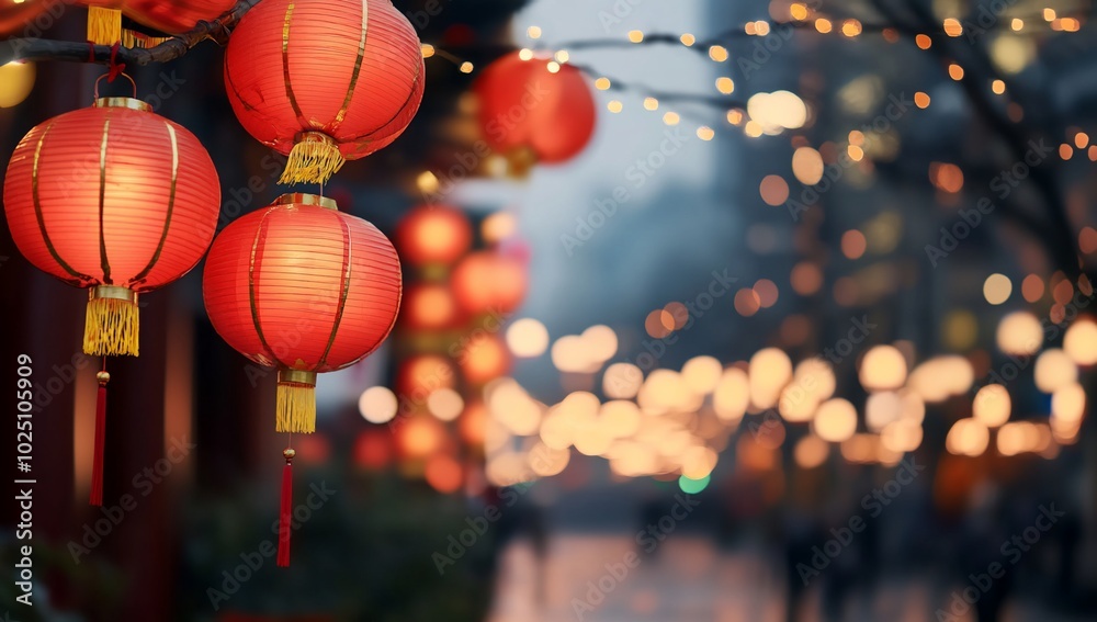 Red lanterns illuminate a bustling street during a festive evening. Red lanterns illuminate a bustling street during a festive evening.