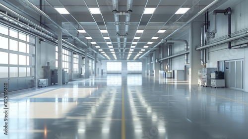 Empty industrial building with white walls, a large window, a concrete floor and fluorescent lights.