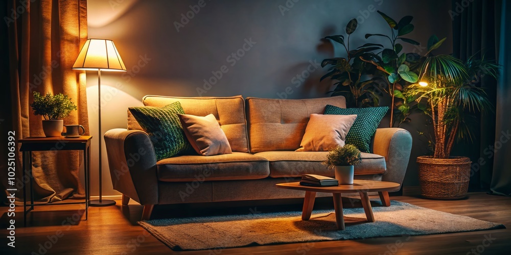 Cozy couch in a dark room creating a relaxing atmosphere for evening relaxation or reading by soft ambient