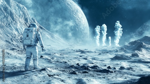 An Astronaut Exploring a Frozen, Cratered Landscape with Erupting Geysers