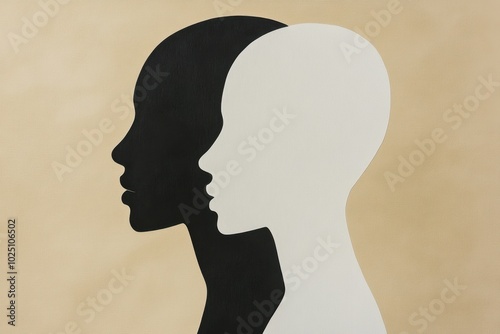 A simple illustration of two silhouettes, one white and the other black, with their heads slightly touching to form an outline shape Generative AI