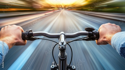 Long exposure shot a man ride bicycle with Highway with light trails background, Long exposure shot Long exposure shot. photo