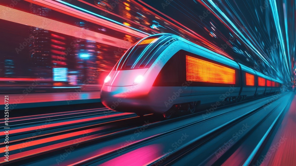 Fototapeta premium A hightech highspeed train with LED holographic advertisements on the side, racing through a bustling cyberpunk city