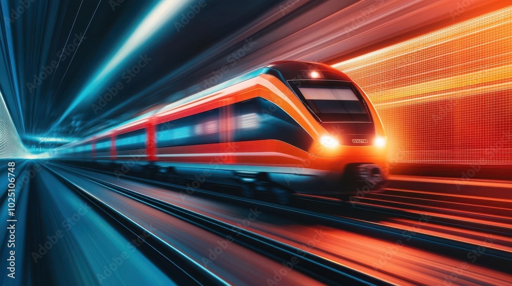 Fototapeta premium Highspeed train racing along a digital track surrounded by neon grids and holographic signs, concept of modern tech and speed