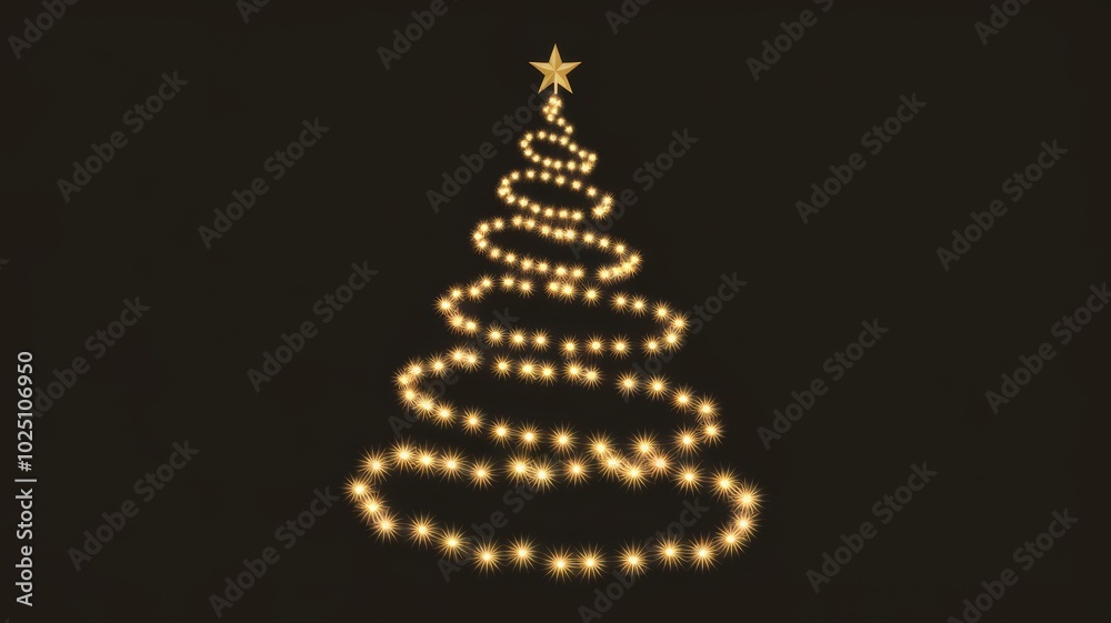 A Christmas tree with a spiral pattern of golden sparkling lights and a star on top. The Christmas tree is highlighted on a black background. With a place for the text. A Christmas tree with a spiral pattern of golden sparkling lights and a star on top. The Christmas tree is highlighted on a black background. With a place for the text.