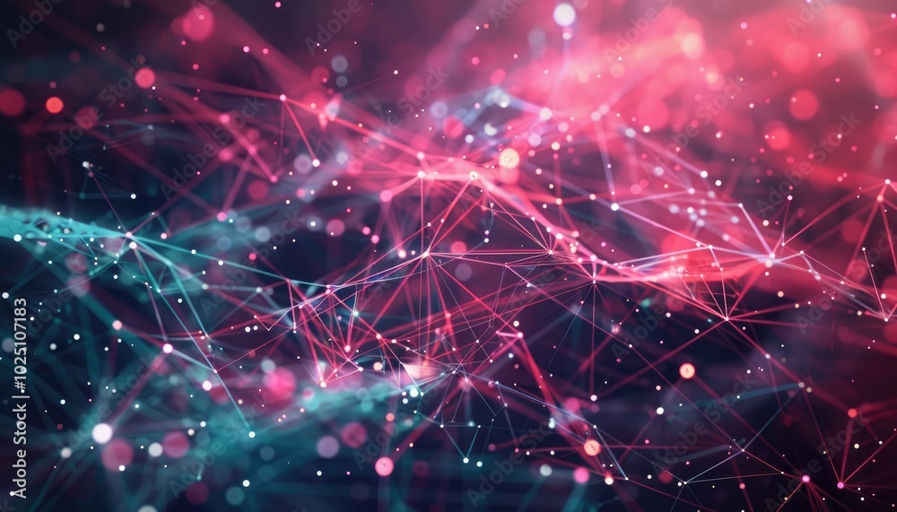 Abstract Network with Interconnected Nodes and Lines in Red, Pink, and Blue Hues Abstract Network with Interconnected Nodes and Lines in Red, Pink, and Blue Hues