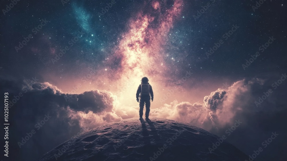 Astronaut Standing on a Planetary Surface with a Starry Sky Above Astronaut Standing on a Planetary Surface with a Starry Sky Above