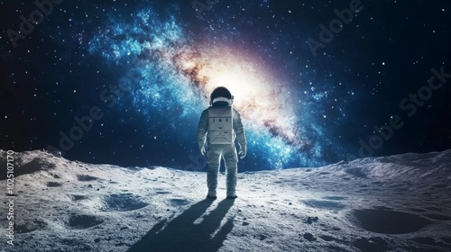 Astronaut Standing on a Lunar Surface Facing a Starry Sky