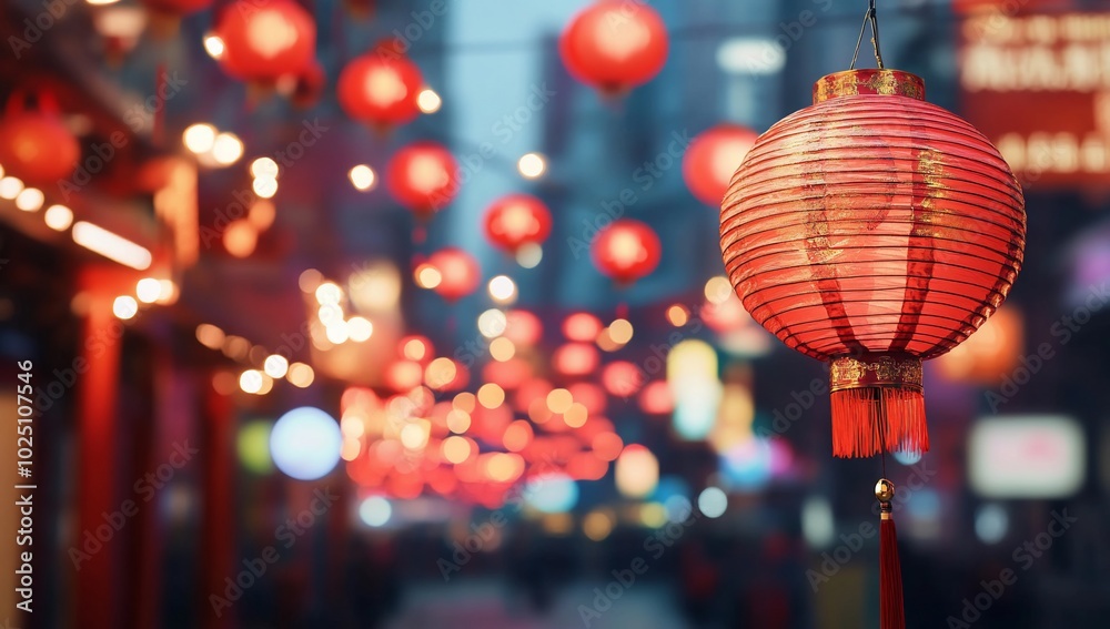 A vibrant street adorned with red lanterns, creating a festive atmosphere. A vibrant street adorned with red lanterns, creating a festive atmosphere.