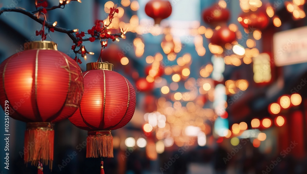 A vibrant street adorned with red lanterns and warm lights. A vibrant street adorned with red lanterns and warm lights.