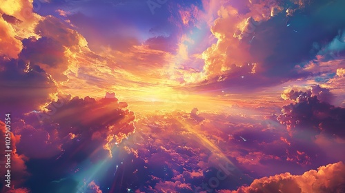 : The sky is presented in bright, saturated colors, from golden orange to deep blue and purple hues, creating the feeling that this is not just a dream, but something magical and sublime. 