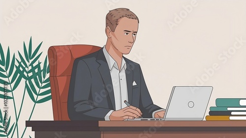 Businessman Working on Laptop in Modern Office Environment