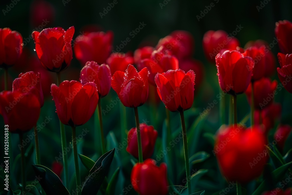 A close-up of a field of red tulips in bloom. A close-up of a field of red tulips in bloom.