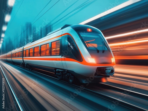 Futuristic highspeed train with LEDpowered designs, moving seamlessly through a digitally enhanced cityscape photo