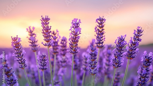   A field of lavender blooms under a sunset sky
