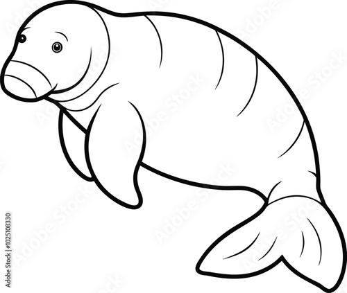 Manatee Realistic Animal Hand Drawn Illustration Vector Outline For Coloring Book. Manatee Coloring Page for Kids. Black and white line art.