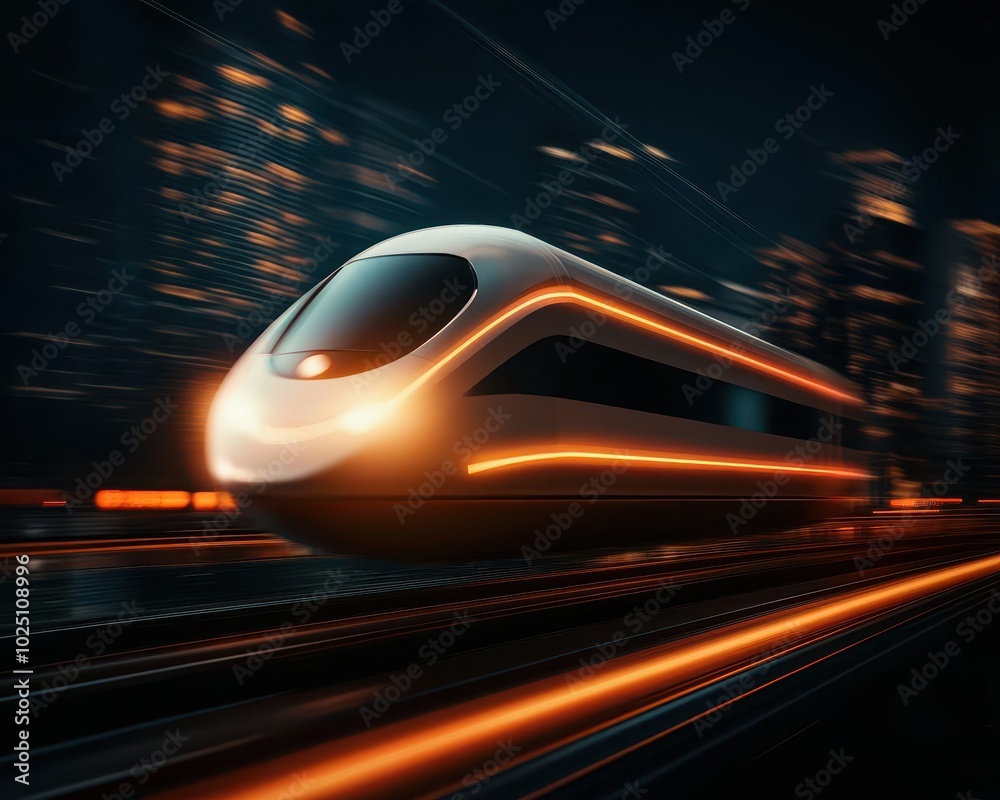 A bullet train suspended over a futuristic city by magnetic fields, moving seamlessly through a network of glowing digital pathways A bullet train suspended over a futuristic city by magnetic fields, moving seamlessly through a network of glowing digital pathways