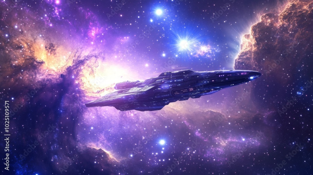 Futuristic Spaceship Navigating Through a Starry Nebula Futuristic Spaceship Navigating Through a Starry Nebula