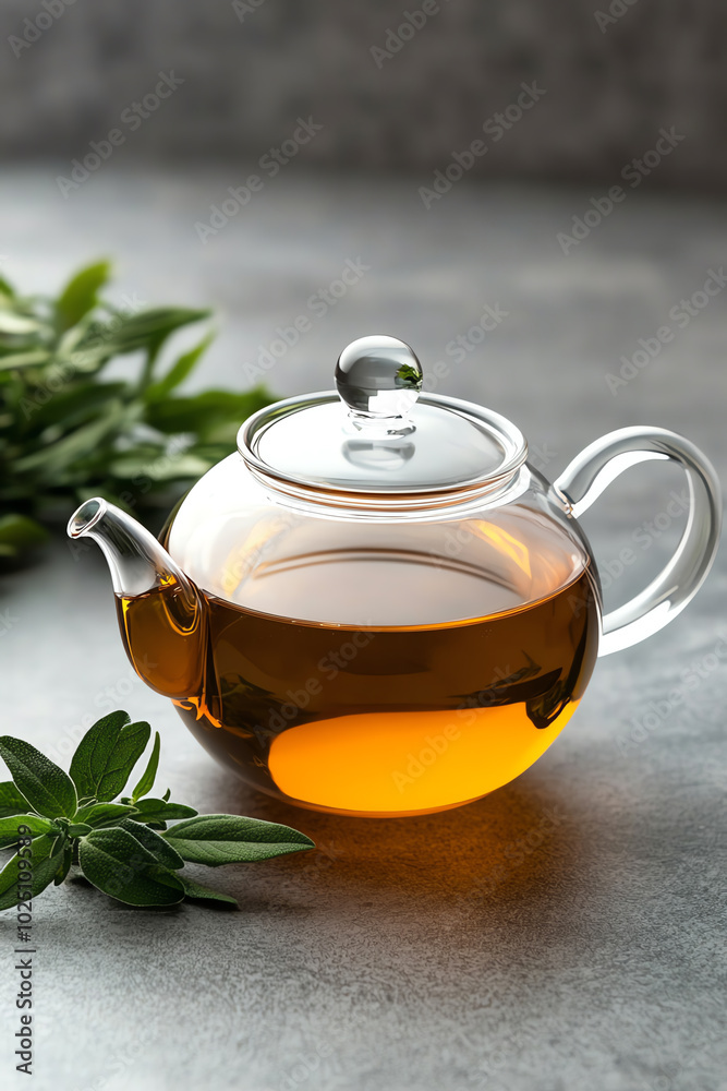 Glass teapot with green tea and herbs Glass teapot with green tea and herbs