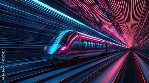 Highspeed train with metallic, reflective exterior gliding through a neonlit digital tunnel, symbolizing technology in motion