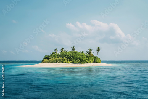 Aerial view of a private tropical island with white sand beaches and turquoise waters