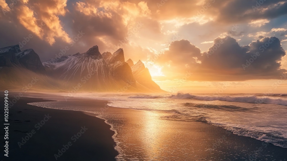 A stunning sunset over a dramatic mountain range and a sandy beach with waves crashing on the shore. A stunning sunset over a dramatic mountain range and a sandy beach with waves crashing on the shore.