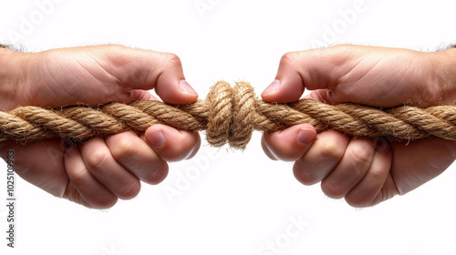 Two hands gripping a thick rope in a tug of war, depicting struggle, competition, or conflict.