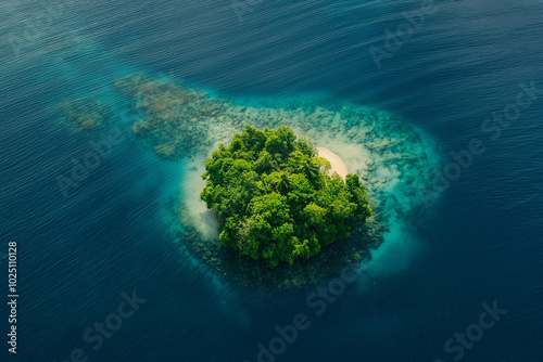 Aerial view of a private island with white sand beaches and turquoise waters