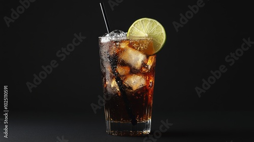 A tall glass filled with a dark cola drink with ice and a lime wedge garnished on the rim.