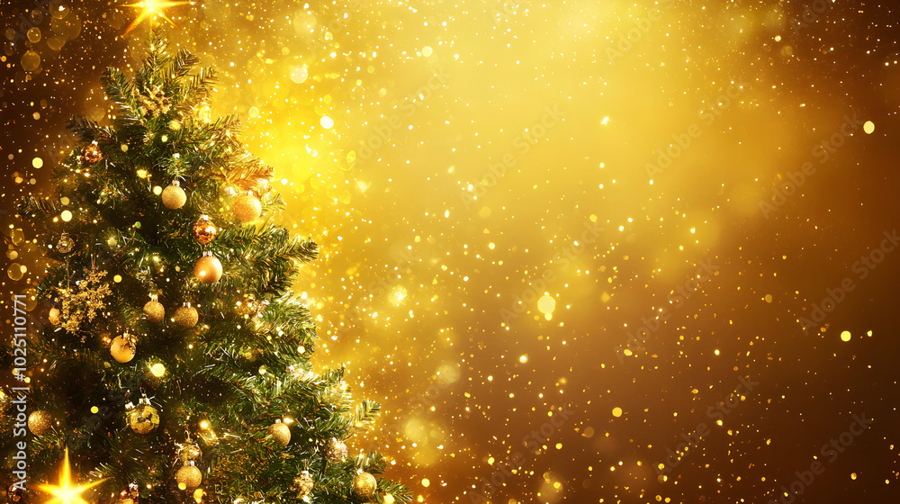 Twinkling holiday lights and a Christmas tree against a gold background, perfect for seasonal greetings Twinkling holiday lights and a Christmas tree against a gold background, perfect for seasonal greetings