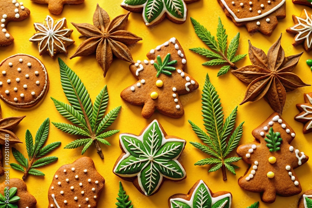 Creative Night Photography of Gingerbread Cookies Stuffed with Cannabis on Yellow Background Creative Night Photography of Gingerbread Cookies Stuffed with Cannabis on Yellow Background