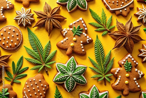 Creative Night Photography of Gingerbread Cookies Stuffed with Cannabis on Yellow Background