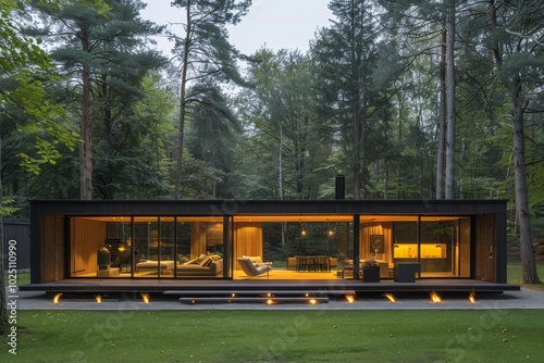 A modern cabin with large windows and a wooden deck sits nestled in a lush forest setting.