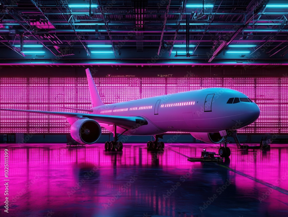 Plane in a cyberfuturistic hangar undergoing a maintenance check, with glowing digital screens displaying holographic diagnostic data Plane in a cyberfuturistic hangar undergoing a maintenance check, with glowing digital screens displaying holographic diagnostic data