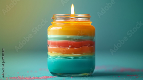 A vibrant DIY candle in a glass jar with tropical-colored wax layers--starting from turquoise at the base, followed by coral, lemon yellow, and finishing with a pale seafoam green top.  photo