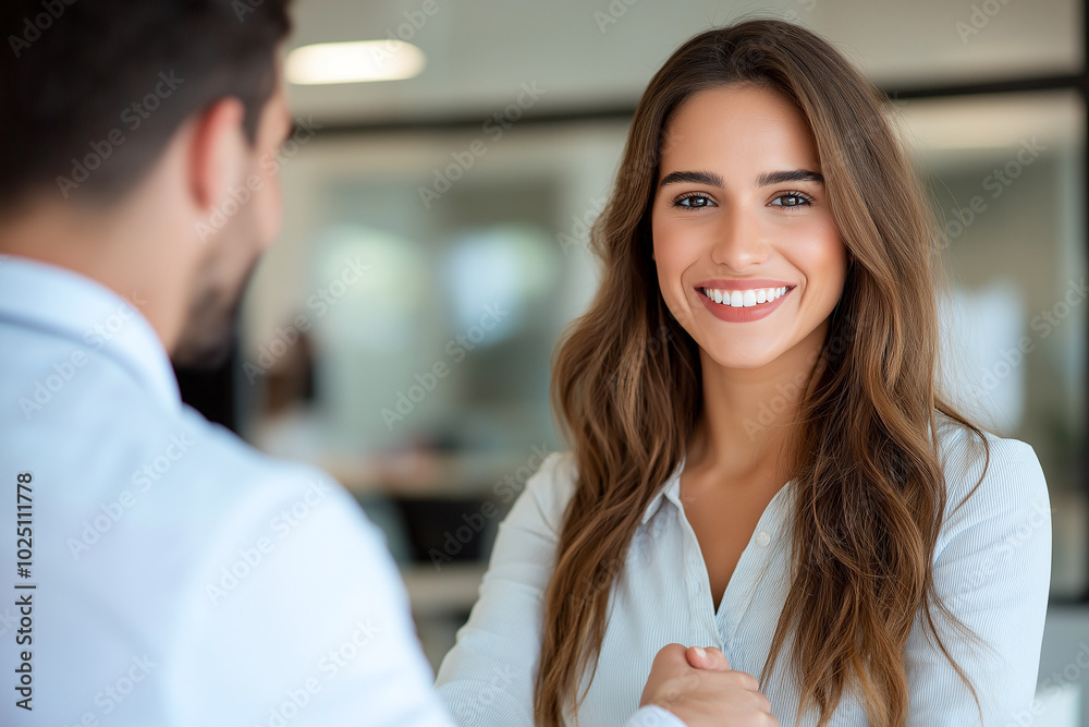 smiling businesswoman shaking hands with man in professional setting, showcasing positive and collaborative atmosphere smiling businesswoman shaking hands with man in professional setting, showcasing positive and collaborative atmosphere