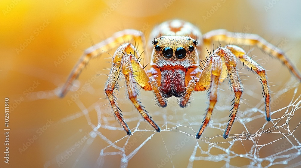    a spider on a cobweb against an orange-yellow background