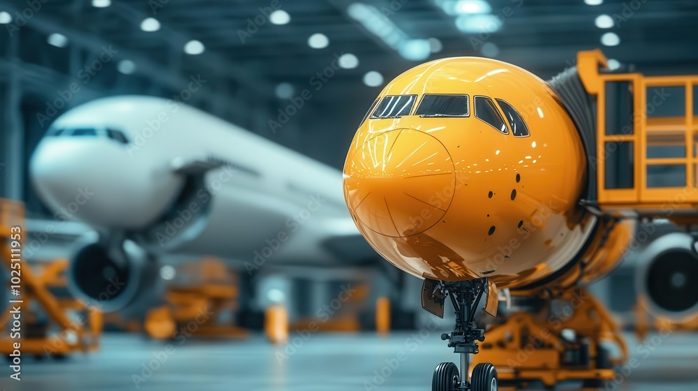 Fototapeta premium Robotic systems performing laserguided inspections on an airplane s fuselage during a routine maintenance check in a digital hangar