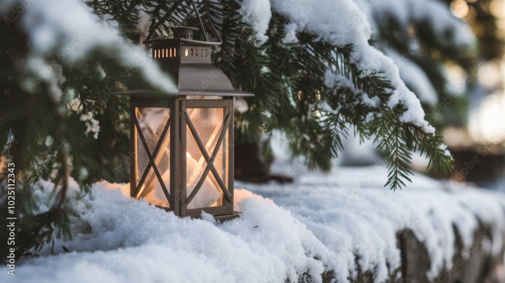 A Christmas lantern on a snow-covered surface surrounded by fir branches. The lantern emits a warm golden light that contrasts beautifully with the cold white snow. A Christmas lantern on a snow-covered surface surrounded by fir branches. The lantern emits a warm golden light that contrasts beautifully with the cold white snow.