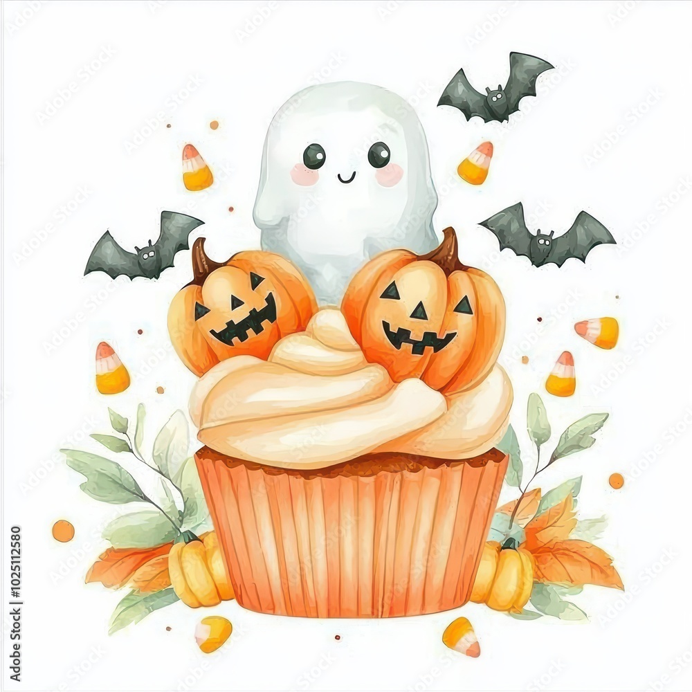 Fototapeta premium A festive Halloween-themed cupcake adorned with a ghost, pumpkins, bats, and colorful candies, set against a white background.