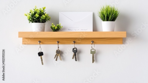 A stylish wooden key holder displayed on a wall, featuring potted plants and an envelope for organization in modern interiors.