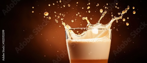 A refreshing drink splashing in a glass, against a dark, textured background. photo