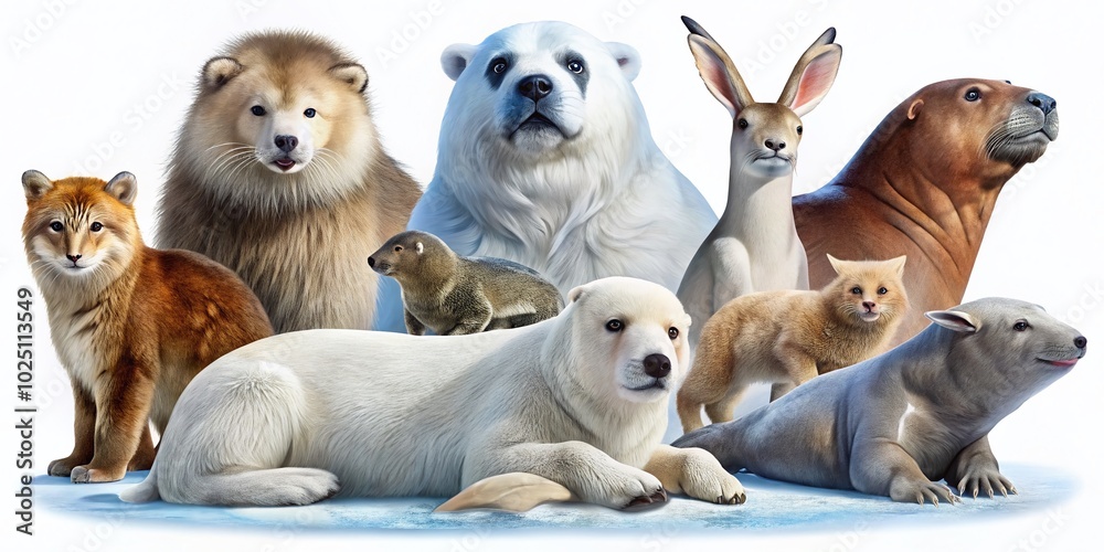 Cute Arctic Wild Polar Animals Clip Art: White Bear, Narwhal, Bearded Seal, Walrus, Fox, Rabbit, Snowshoe Hare, and Cute Arctic Wild Polar Animals Clip Art: White Bear, Narwhal, Bearded Seal, Walrus, Fox, Rabbit, Snowshoe Hare, and