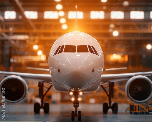 Plane undergoing a full maintenance check with advanced AIdriven diagnostics in a glowing, hightech facility